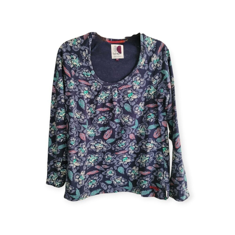 Weird Fish Blue Green Floral Cotton Long Sleeve Scoop Neck Tee UK 8 US 4 Relaxed - Picture 2 of 13
